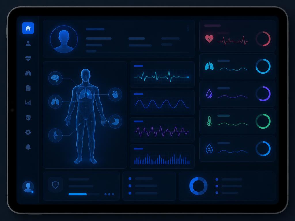 Healthcare software interface showing patient vitals and diagnostic data